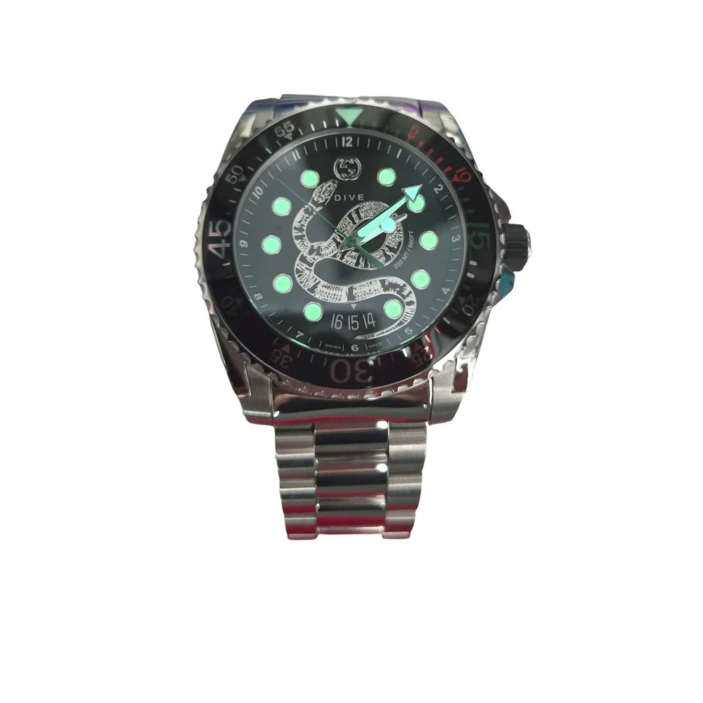 Gucci Dive 45mm Black Snake Dial Stainless Steel Watch YA136218 Retail $1800 NIB